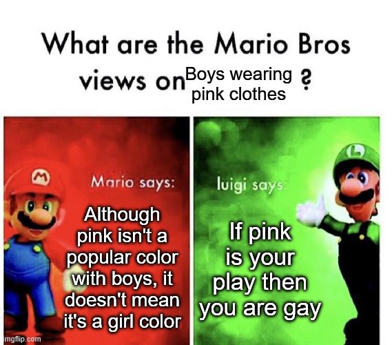 •‾• | Boys wearing pink clothes; Although pink isn't a popular color with boys, it doesn't mean it's a girl color; If pink is your play then you are gay | image tagged in mario bros views,memes,pink | made w/ Imgflip meme maker