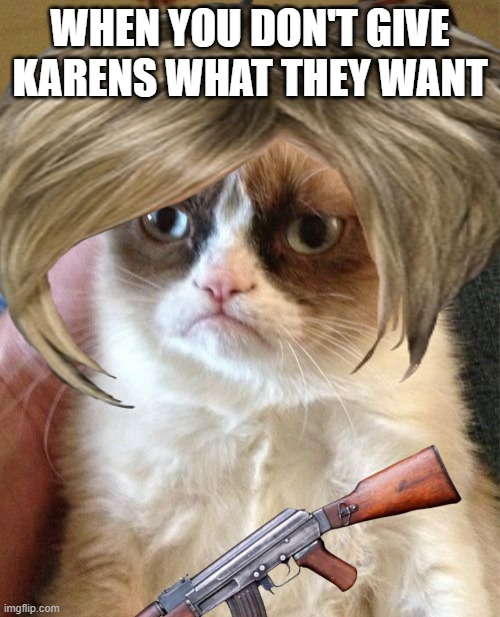 WHEN YOU DON'T GIVE KARENS WHAT THEY WANT | image tagged in memes,grumpy cat | made w/ Imgflip meme maker