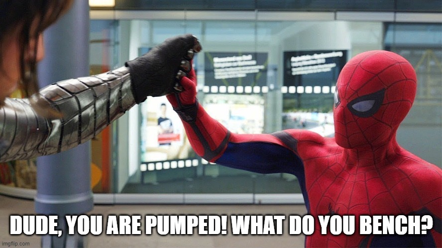 You Workout? | DUDE, YOU ARE PUMPED! WHAT DO YOU BENCH? | image tagged in superheroes,winter soldier,spiderman | made w/ Imgflip meme maker
