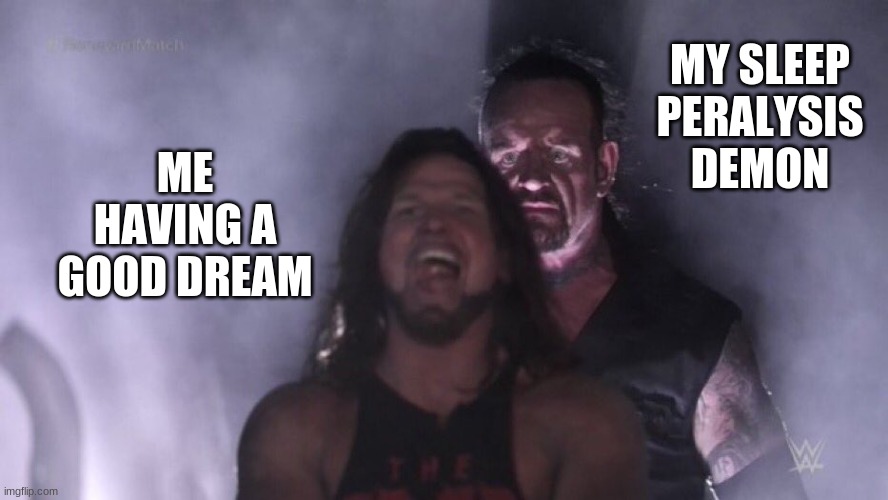 Not one of my best memes but still | MY SLEEP PARALYSIS DEMON; ME HAVING A GOOD DREAM | image tagged in aj styles undertaker | made w/ Imgflip meme maker