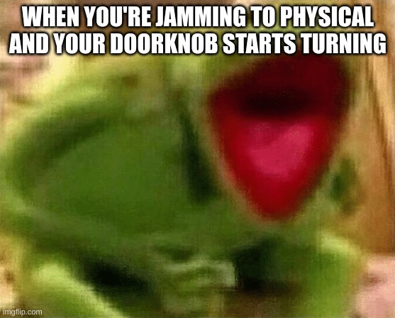 Based Off a True Story. Good Song Tho | WHEN YOU'RE JAMMING TO PHYSICAL AND YOUR DOORKNOB STARTS TURNING | image tagged in kermit the frog,memes | made w/ Imgflip meme maker