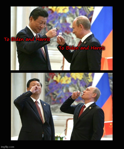 To Biden and Harris; a toast | To Biden and Harris; To Biden and Harris | image tagged in xi,putin | made w/ Imgflip meme maker