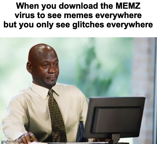 Why :(( | When you download the MEMZ virus to see memes everywhere but you only see glitches everywhere | image tagged in sad computer guy | made w/ Imgflip meme maker