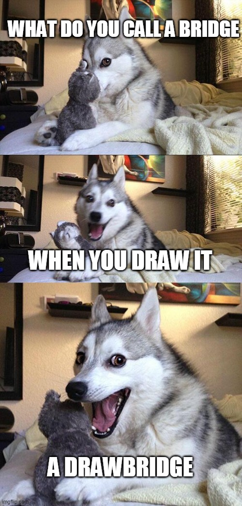 bad pun coming up | WHAT DO YOU CALL A BRIDGE; WHEN YOU DRAW IT; A DRAWBRIDGE | image tagged in memes,bad pun dog | made w/ Imgflip meme maker