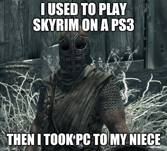 I used to play skyrim... | I USED TO PLAY SKYRIM ON A PS3; THEN I TOOK PC TO MY NIECE | image tagged in skyrimguard | made w/ Imgflip meme maker