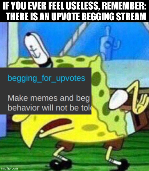 Sadly, It is true |  IF YOU EVER FEEL USELESS, REMEMBER:; THERE IS AN UPVOTE BEGGING STREAM | image tagged in upvote begging,mocking spongebob,spongebob | made w/ Imgflip meme maker