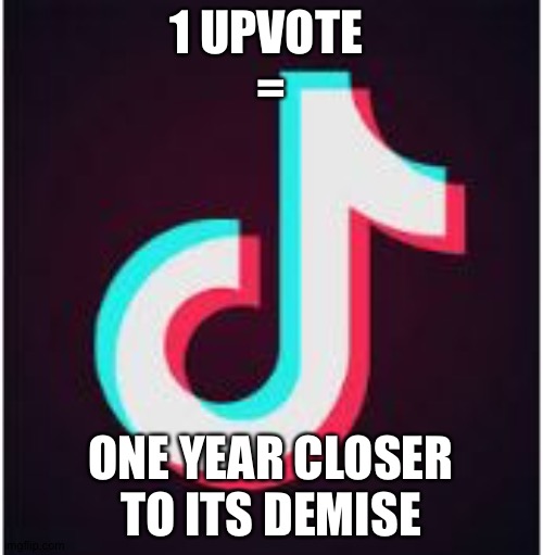 Tik Tok | 1 UPVOTE 
=; ONE YEAR CLOSER TO ITS DEMISE | image tagged in tik tok | made w/ Imgflip meme maker