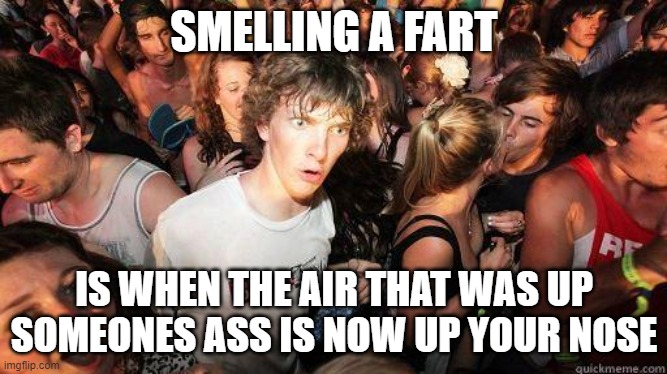 Just Sayin' |  SMELLING A FART; IS WHEN THE AIR THAT WAS UP SOMEONES ASS IS NOW UP YOUR NOSE | image tagged in sudden realization | made w/ Imgflip meme maker