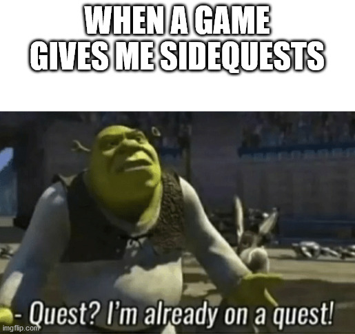 shreks on a quest | WHEN A GAME GIVES ME SIDEQUESTS | image tagged in shreks on a quest | made w/ Imgflip meme maker