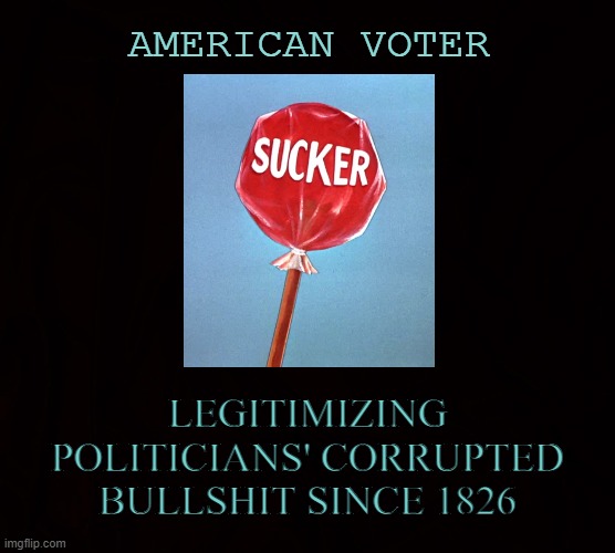 TWO SIDES OF THE SAME COIN | AMERICAN VOTER; LEGITIMIZING POLITICIANS' CORRUPTED BULLSHIT SINCE 1826 | image tagged in voting,politicians,election,vote,corruption,government | made w/ Imgflip meme maker