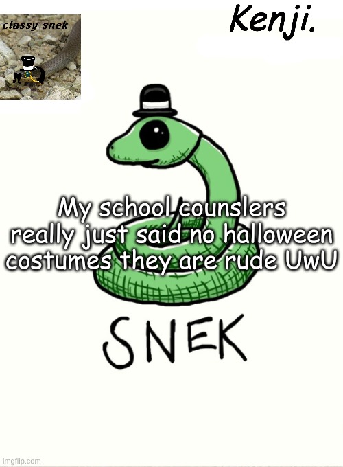 idk how to uwu fy my talk so ima just add uwu at the end of my sentences uwu | My school counslers really just said no halloween costumes they are rude UwU | image tagged in snek | made w/ Imgflip meme maker