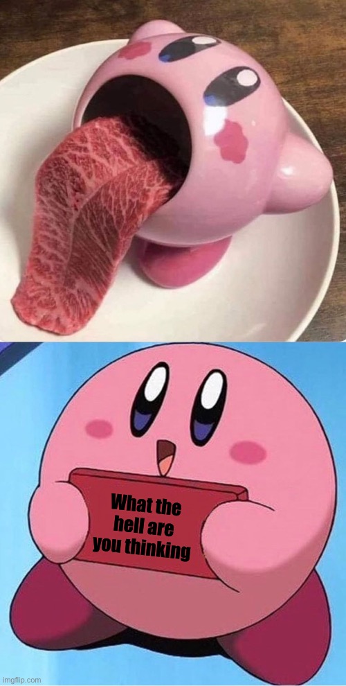 Kirby tongue | What the hell are you thinking | image tagged in kirby holding a sign | made w/ Imgflip meme maker