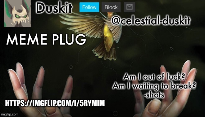Duskit’s meme plug temp (imagine dragons) | HTTPS://IMGFLIP.COM/I/5RYMIM | image tagged in duskit s meme plug temp imagine dragons | made w/ Imgflip meme maker