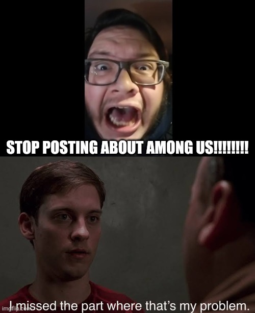 Immature tantrum solves nothing |  STOP POSTING ABOUT AMONG US!!!!!!!! | image tagged in i missed the part,stop posting about among us,i don't care,peter parker,spider man | made w/ Imgflip meme maker