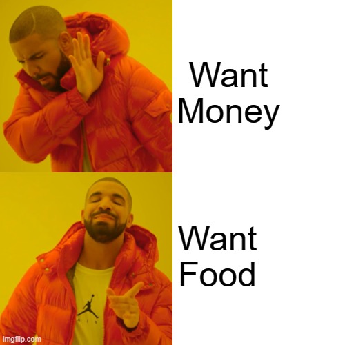 Want food!!! | Want Money; Want Food | image tagged in memes,drake hotline bling,funny,funny memes,dank memes | made w/ Imgflip meme maker