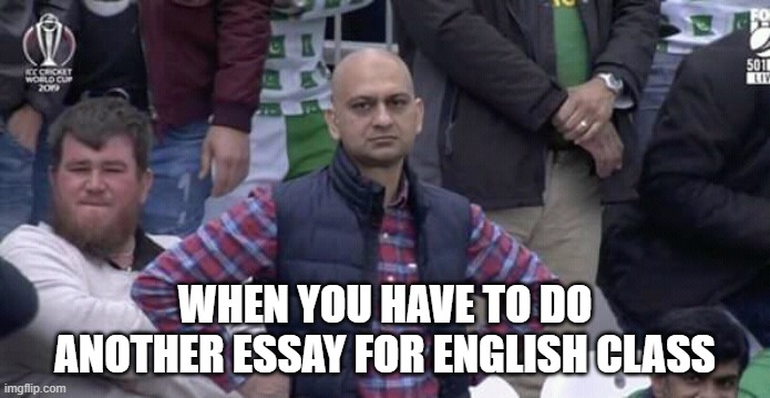 Annoyed man | WHEN YOU HAVE TO DO ANOTHER ESSAY FOR ENGLISH CLASS | image tagged in annoyed man | made w/ Imgflip meme maker