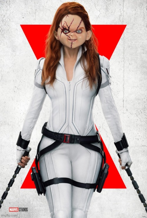 black widow | image tagged in black widow,chucky,childs play,halloween,marvel,costumes | made w/ Imgflip meme maker