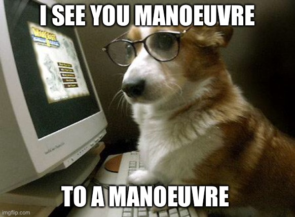 Manoeuvre manoeuvre | I SEE YOU MANOEUVRE TO A MANOEUVRE | image tagged in smart dog,manoeuvre,bad pun dog,bad pun,puns | made w/ Imgflip meme maker
