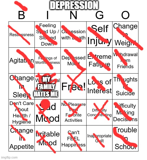 depression bingo 1 | DEPRESSION; MY FAMILY HATES ME | image tagged in depression bingo 1 | made w/ Imgflip meme maker