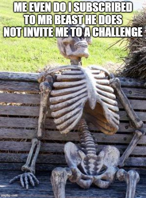 Oi mr beast! | ME EVEN DO I SUBSCRIBED TO MR BEAST HE DOES NOT INVITE ME TO A CHALLENGE | image tagged in memes,waiting skeleton | made w/ Imgflip meme maker