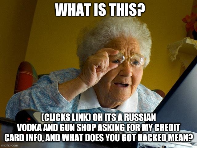 Grandma Finds The Internet Meme | WHAT IS THIS? (CLICKS LINK) OH ITS A RUSSIAN VODKA AND GUN SHOP ASKING FOR MY CREDIT CARD INFO, AND WHAT DOES YOU GOT HACKED MEAN? | image tagged in memes,grandma finds the internet | made w/ Imgflip meme maker