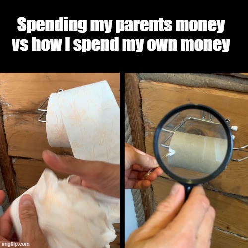 Spending my parents money vs spending my money | Spending my parents money vs how I spend my own money | image tagged in spending habits,money,spend money,payday,no money | made w/ Imgflip meme maker