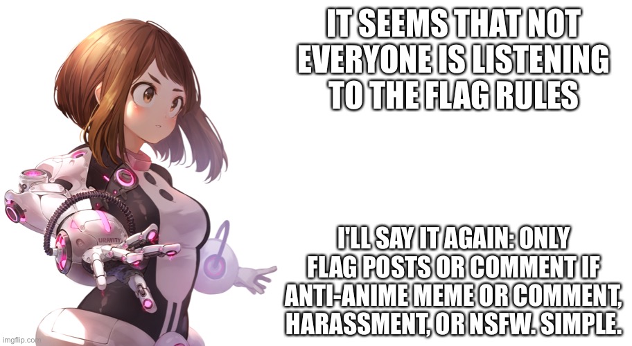 I swear, I will make this post a temp if someone uses the flag button for no good reason again. | IT SEEMS THAT NOT EVERYONE IS LISTENING TO THE FLAG RULES; I'LL SAY IT AGAIN: ONLY FLAG POSTS OR COMMENT IF ANTI-ANIME MEME OR COMMENT, HARASSMENT, OR NSFW. SIMPLE. | image tagged in jemy uravity announcement | made w/ Imgflip meme maker