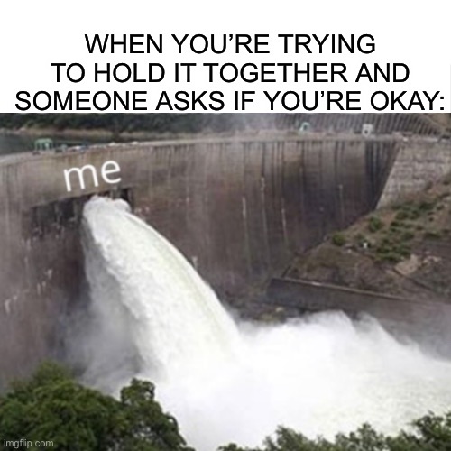 Relatable anyone? ;) |  WHEN YOU’RE TRYING TO HOLD IT TOGETHER AND SOMEONE ASKS IF YOU’RE OKAY: | image tagged in memes,funny,dam,hold it together,emotions,lmao | made w/ Imgflip meme maker