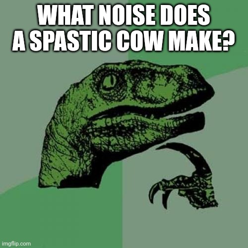 Philosoraptor Meme | WHAT NOISE DOES A SPASTIC COW MAKE? | image tagged in memes,philosoraptor | made w/ Imgflip meme maker