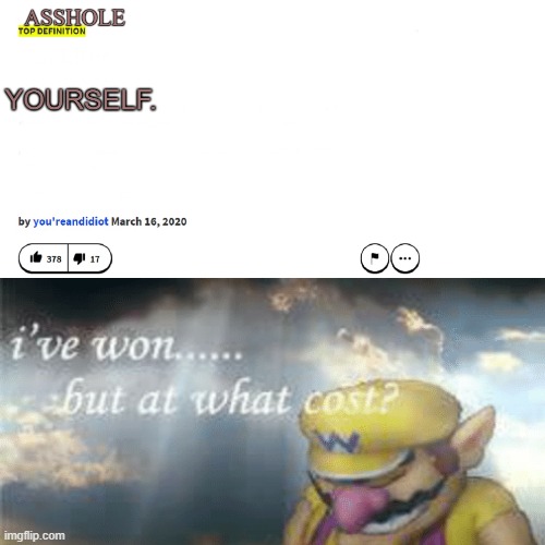 Asshole, 2nd defintion: Someone who upvote begs. | image tagged in asshole,ive won but at what cost,wario sad | made w/ Imgflip meme maker