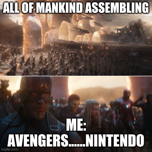 Avengers: Endgame nintendo meme | ALL OF MANKIND ASSEMBLING; ME: AVENGERS......NINTENDO | image tagged in avengers endgame portals,credit too smg4,nintendo | made w/ Imgflip meme maker