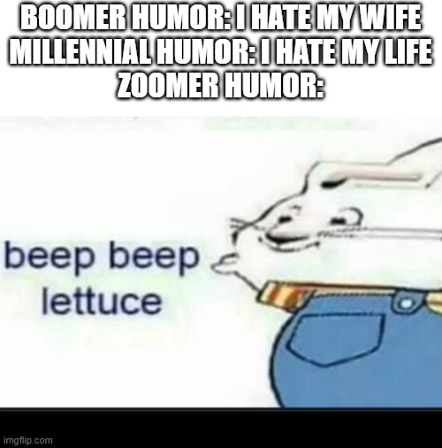 Beep Beep Lettuce | BOOMER HUMOR: I HATE MY WIFE
MILLENNIAL HUMOR: I HATE MY LIFE
ZOOMER HUMOR: | image tagged in beep beep lettuce | made w/ Imgflip meme maker