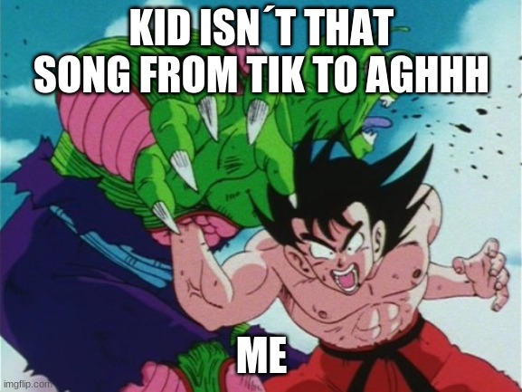 Goku Gut Punch | KID ISN´T THAT SONG FROM TIK TO AGHHH; ME | image tagged in goku gut punch | made w/ Imgflip meme maker