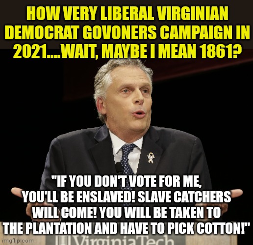 Virginia, is it a mental disorder or ignorance that makes you vote for people like McAuliffe? |  HOW VERY LIBERAL VIRGINIAN DEMOCRAT GOVONERS CAMPAIGN IN 2021....WAIT, MAYBE I MEAN 1861? "IF YOU DON'T VOTE FOR ME, YOU'LL BE ENSLAVED! SLAVE CATCHERS WILL COME! YOU WILL BE TAKEN TO THE PLANTATION AND HAVE TO PICK COTTON!" | image tagged in terry mcauliffe,liberal logic,dumb | made w/ Imgflip meme maker