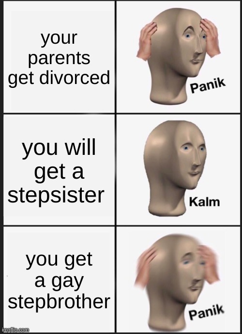 Panik Kalm Panik | your parents get divorced; you will get a stepsister; you get a gay stepbrother | image tagged in memes,panik kalm panik | made w/ Imgflip meme maker