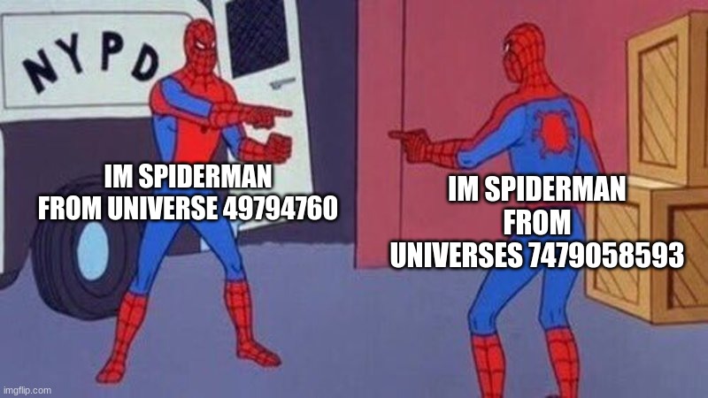 how the spider man multiverse went | IM SPIDERMAN FROM UNIVERSE 49794760; IM SPIDERMAN FROM UNIVERSES 7479058593 | image tagged in spiderman pointing at spiderman | made w/ Imgflip meme maker