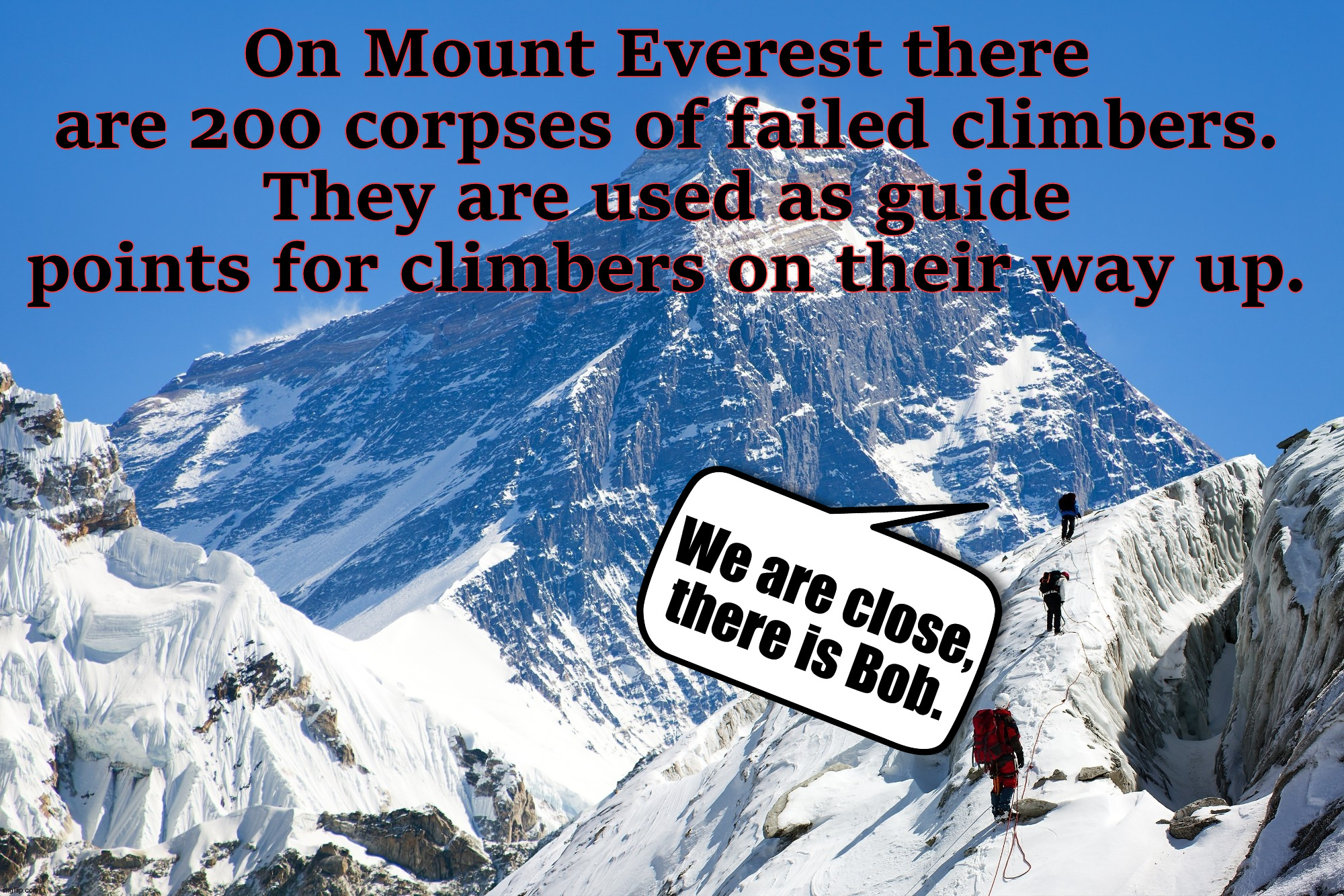 On Mount Everest there are 200 corpses of failed climbers. They are used as guide points for climbers on their way up. We are close, there is Bob. | image tagged in dark humor | made w/ Imgflip meme maker