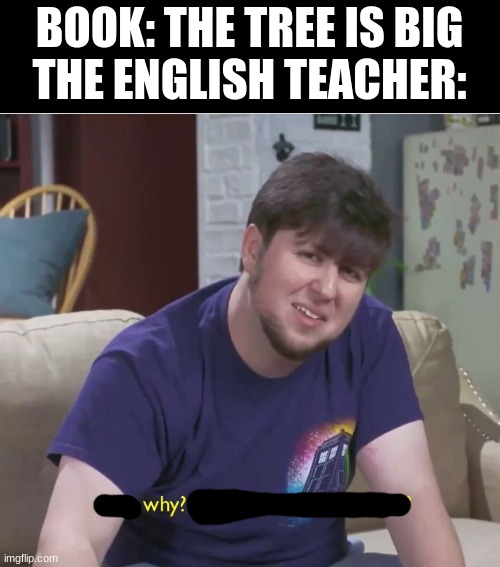 But why? | BOOK: THE TREE IS BIG
THE ENGLISH TEACHER: | image tagged in but why,english teachers | made w/ Imgflip meme maker