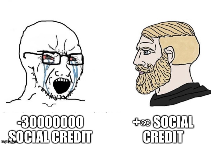 Soyboy Vs Yes Chad | -30000000 SOCIAL CREDIT +∞ SOCIAL CREDIT | image tagged in soyboy vs yes chad | made w/ Imgflip meme maker