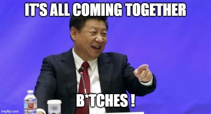 Xi Jinping Laughing | IT'S ALL COMING TOGETHER B*TCHES ! | image tagged in xi jinping laughing | made w/ Imgflip meme maker