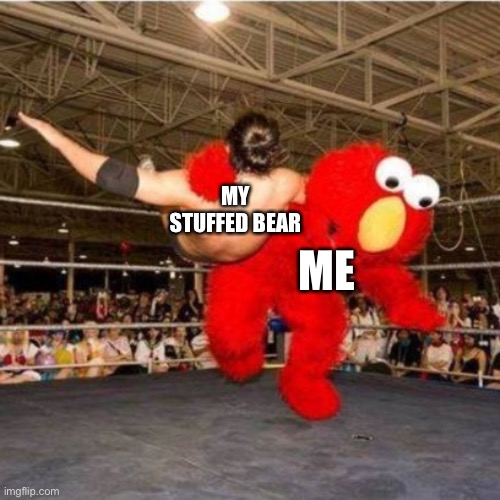 Elmo wrestling | MY STUFFED BEAR; ME | image tagged in elmo wrestling | made w/ Imgflip meme maker