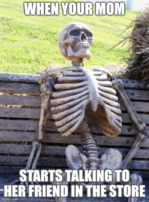 Waiting Skeleton | WHEN YOUR MOM; STARTS TALKING TO HER FRIEND IN THE STORE | image tagged in memes,waiting skeleton | made w/ Imgflip meme maker