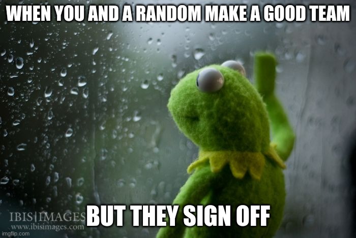 How sad... | WHEN YOU AND A RANDOM MAKE A GOOD TEAM; BUT THEY SIGN OFF | image tagged in kermit window | made w/ Imgflip meme maker