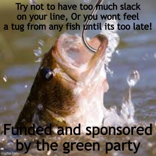 fish hook | Try not to have too much slack on your line, Or you wont feel a tug from any fish until its too late! Funded and sponsored by the Green Party | image tagged in fish hook | made w/ Imgflip meme maker