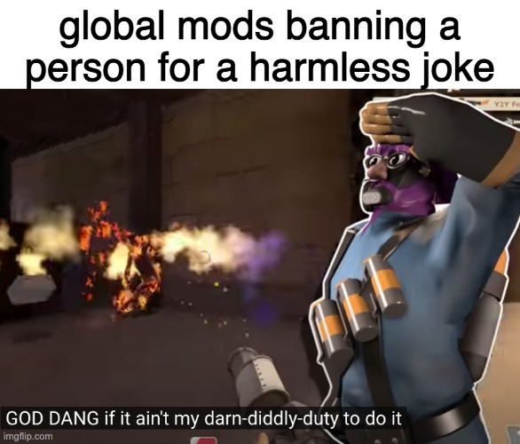 my darn-diddly duty to do it | global mods banning a person for a harmless joke | image tagged in my darn-diddly duty to do it | made w/ Imgflip meme maker