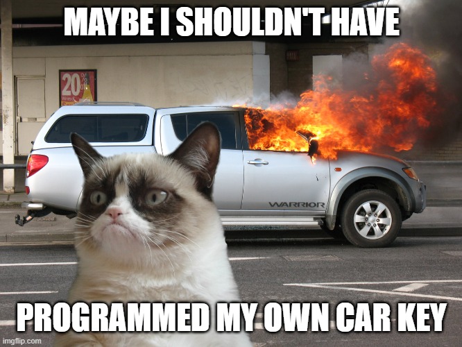 car key programming | MAYBE I SHOULDN'T HAVE; PROGRAMMED MY OWN CAR KEY | image tagged in grumpy cat fire car | made w/ Imgflip meme maker
