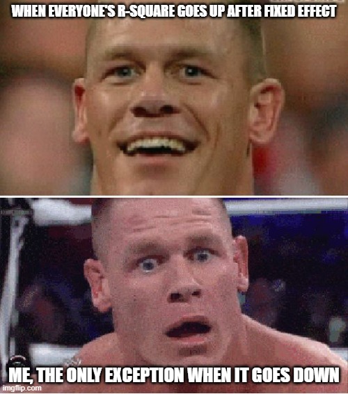 John Cena Happy/Sad | WHEN EVERYONE'S R-SQUARE GOES UP AFTER FIXED EFFECT; ME, THE ONLY EXCEPTION WHEN IT GOES DOWN | image tagged in john cena happy/sad | made w/ Imgflip meme maker