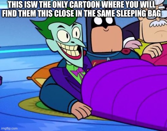 Teen Titans Go Batman and Joker | THIS ISW THE ONLY CARTOON WHERE YOU WILL FIND THEM THIS CLOSE IN THE SAME SLEEPING BAG | image tagged in teen titans go batman and joker | made w/ Imgflip meme maker