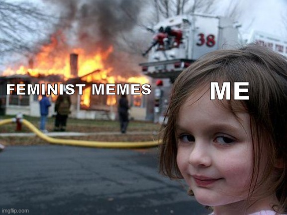 What a disaster! | ME; FEMINIST MEMES | image tagged in memes,disaster girl | made w/ Imgflip meme maker