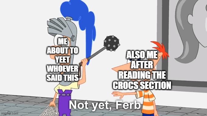 Not Yet Ferb | ME ABOUT TO YEET WHOEVER SAID THIS ALSO ME AFTER READING THE CROCS SECTION | image tagged in not yet ferb | made w/ Imgflip meme maker